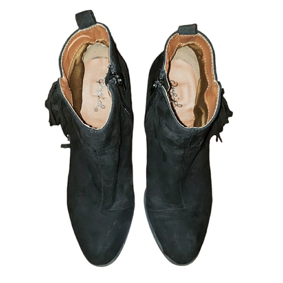 Qupid Tiber-60 Side Fringe Tassels Faux Suede Instep Zip Black Ankle Booties 7 - Picture 7 of 16